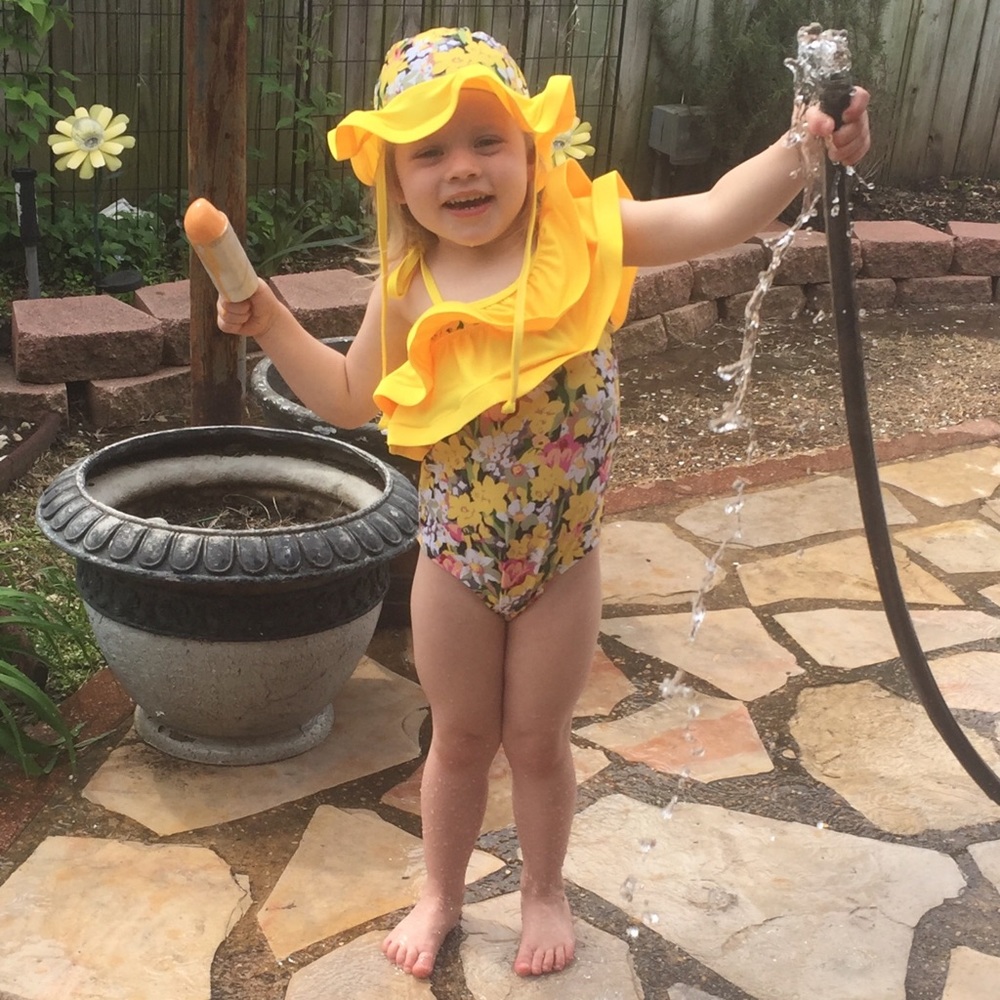 Boutique Girls Yellow Ruffle Swimsuit & Hat - Picture 2 of 4